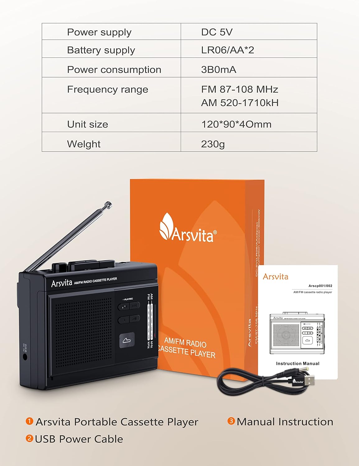 Arsvita cassette player packaging and included accessories
