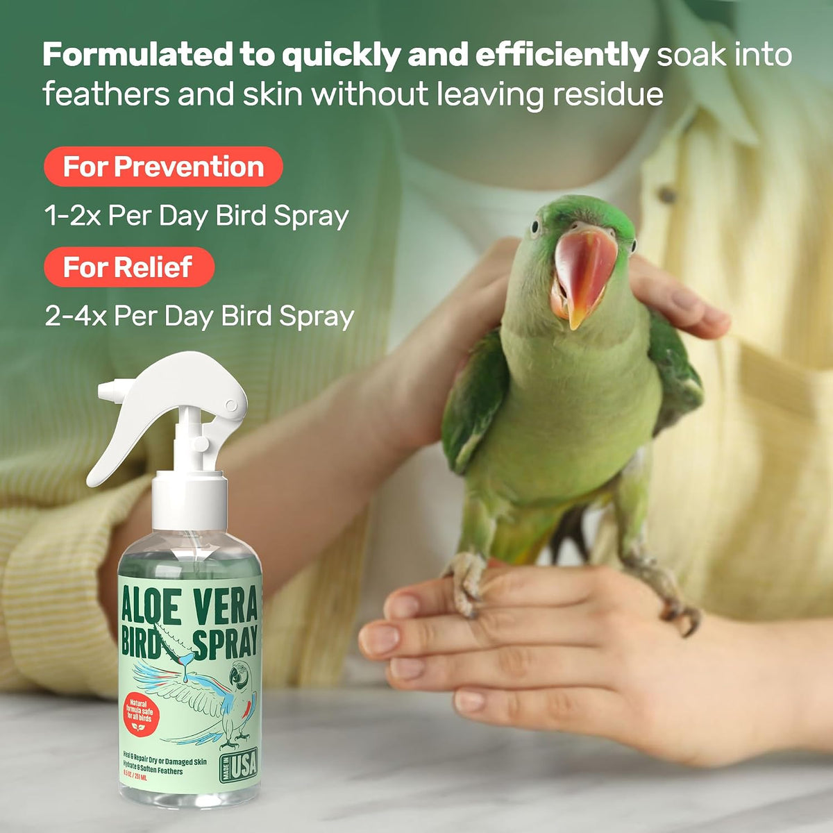 Samorillo aloe vera bird bath alternative spray packaging highlighting its safe for ingestion formula.