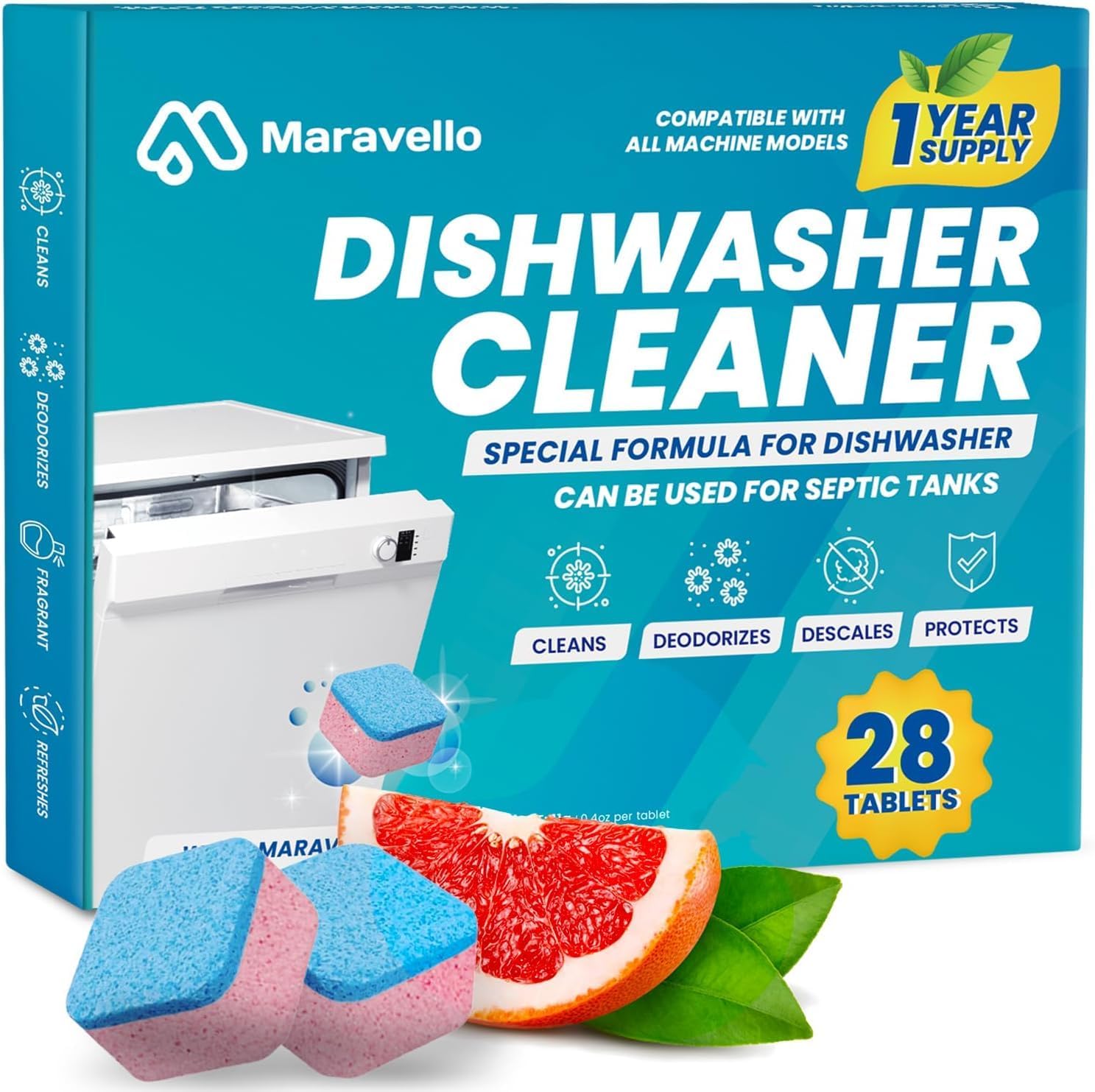 Maravello Dishwasher Cleaner and Deodorizer Tablets 28-pack front view showcasing deep clean descaler pods packaging.