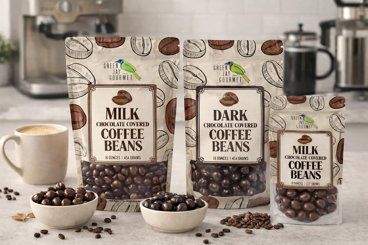 Gourmet milk chocolate covered coffee beans in a bowl
