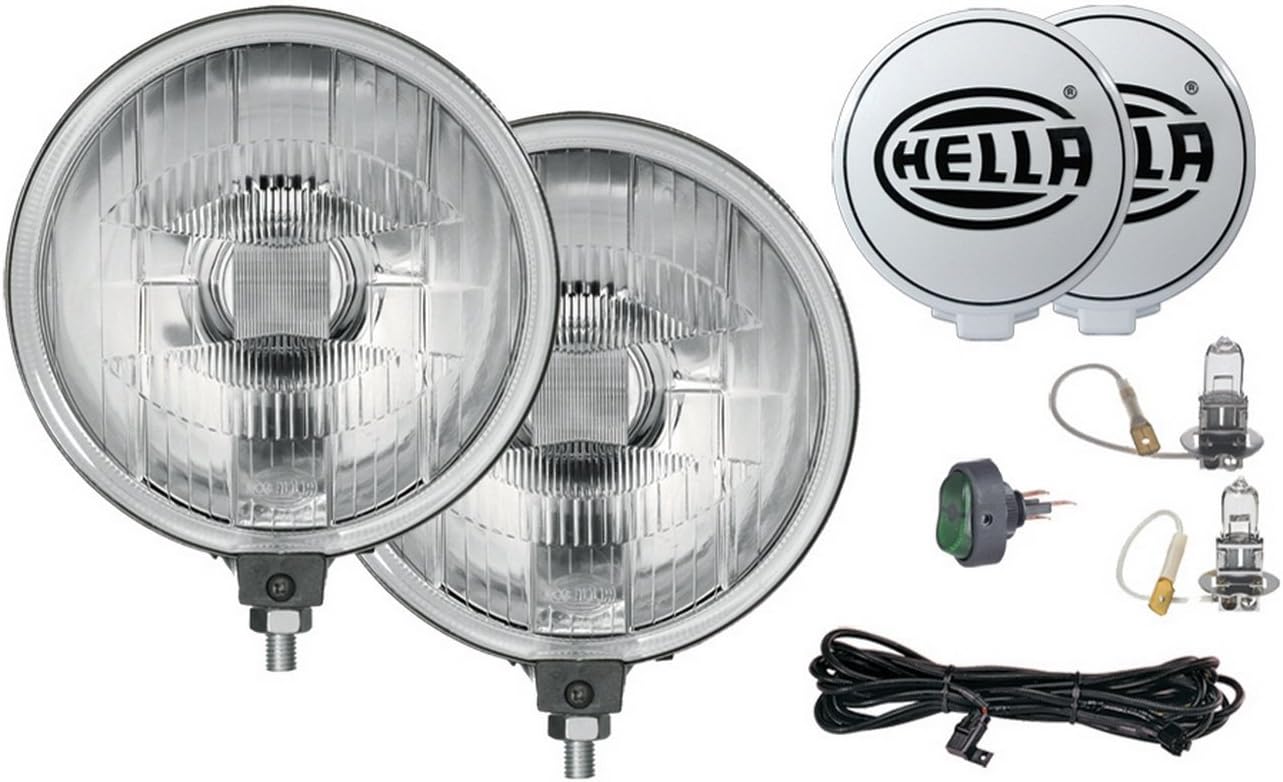 HELLA 500 Series Driving Lamp Kit front view of two clear six inch round auxiliary lights with protective stone shields