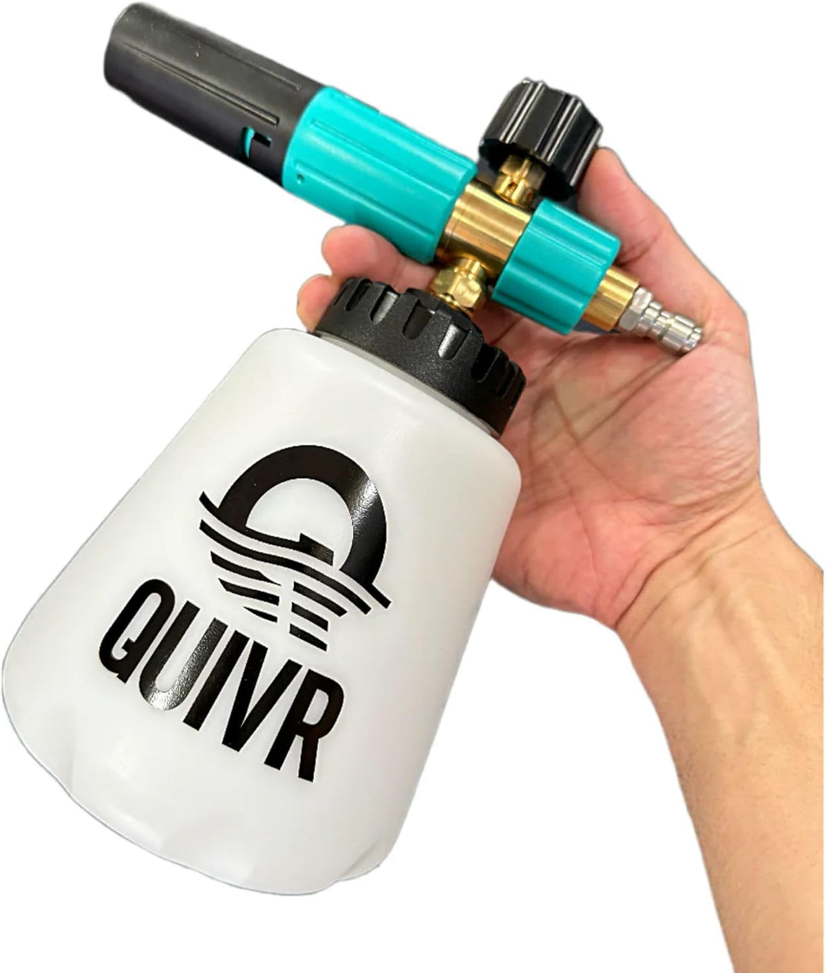 QUIVR Foam Cannon front view showcasing the blue adjustable nozzle and heavy duty construction for auto detailing.