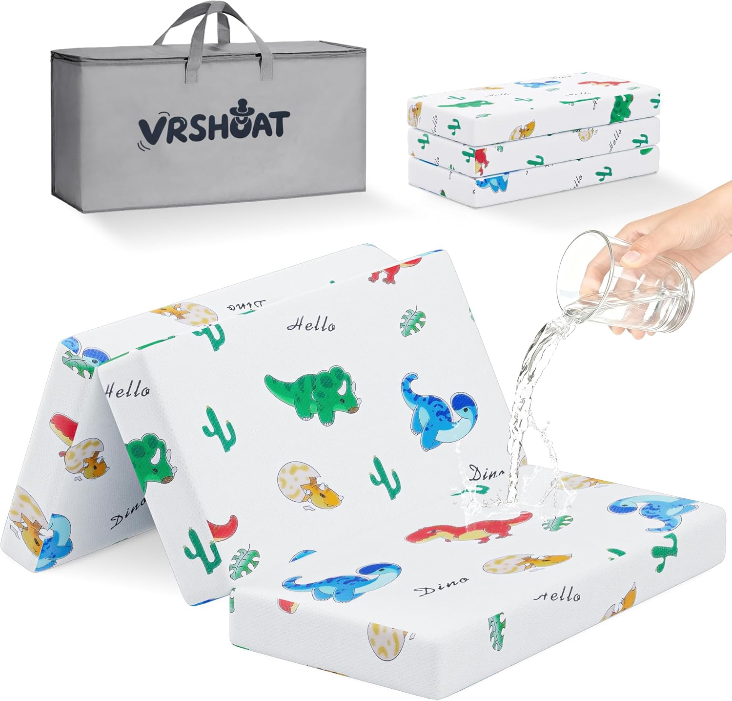 Vrshoat trifold pack and play mattress with dinosaur print front view