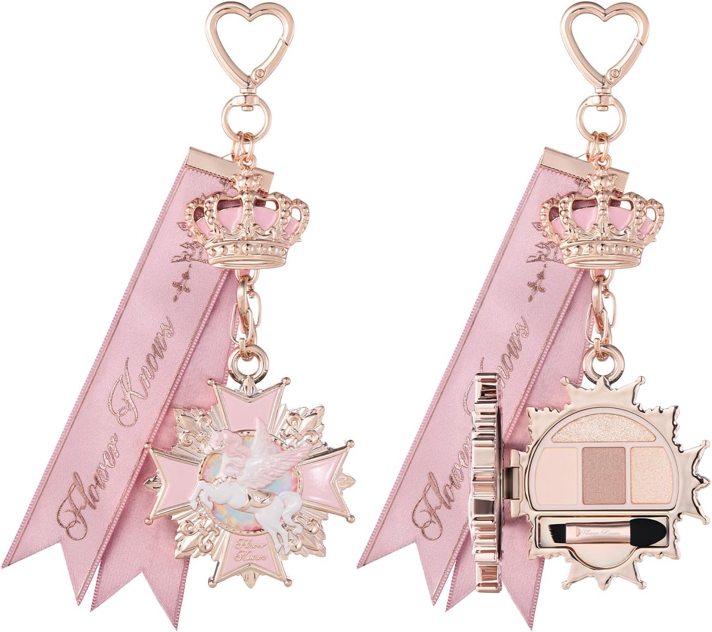 Flower Knows Knight Unicorn Eyeshadow Palette & Bag Charm, Cool Taupe Nude Travel-Size 4-Color Shadow Quad with Mirror & Applicator, Satin & Shimmer Finish, Keychain Beauty Gift (01 Ribbon Pink) - Image 1