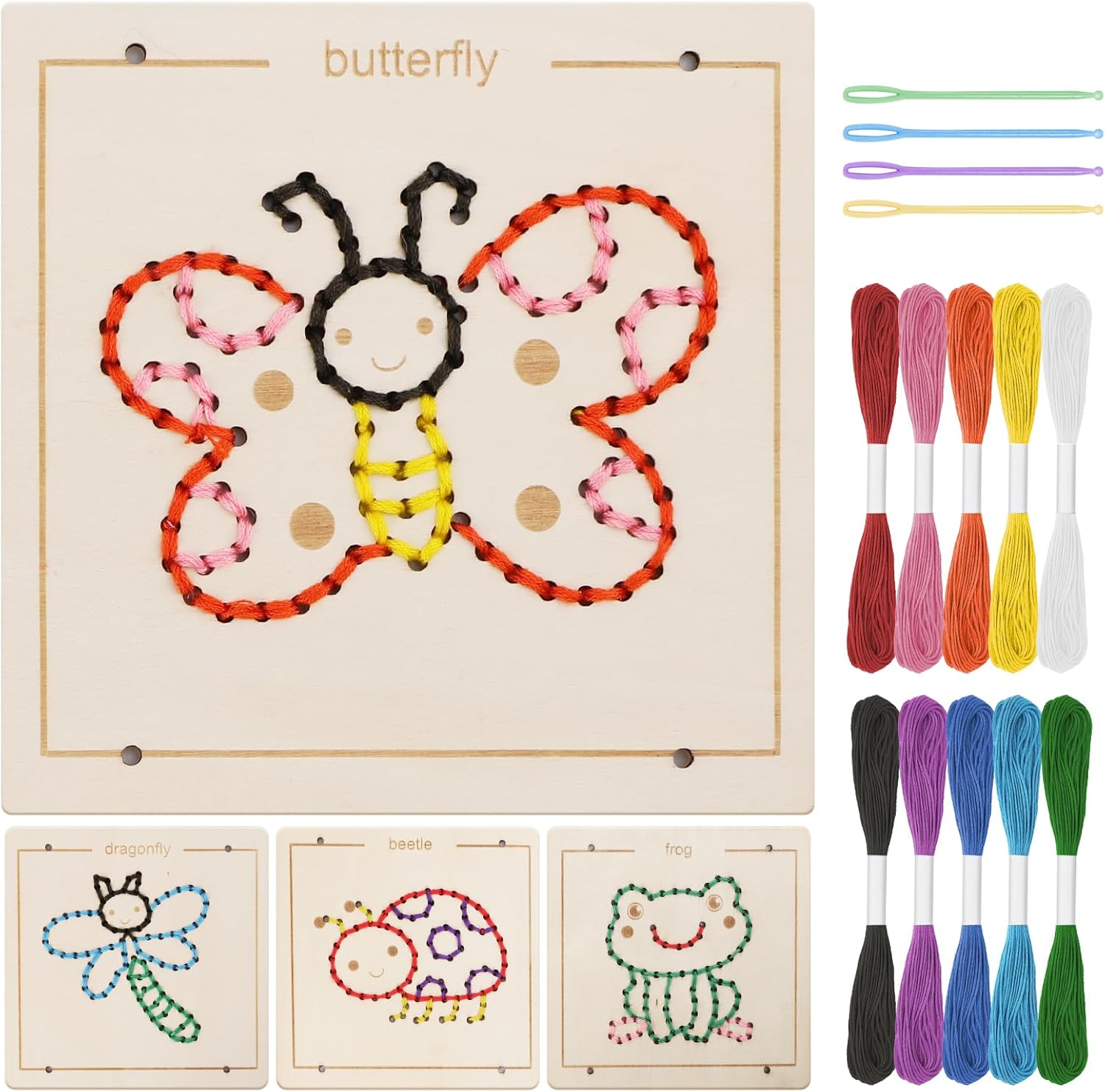JAiiMen Montessori wooden lacing toys front view featuring the butterfly themed sewing board and colorful yarn packs.