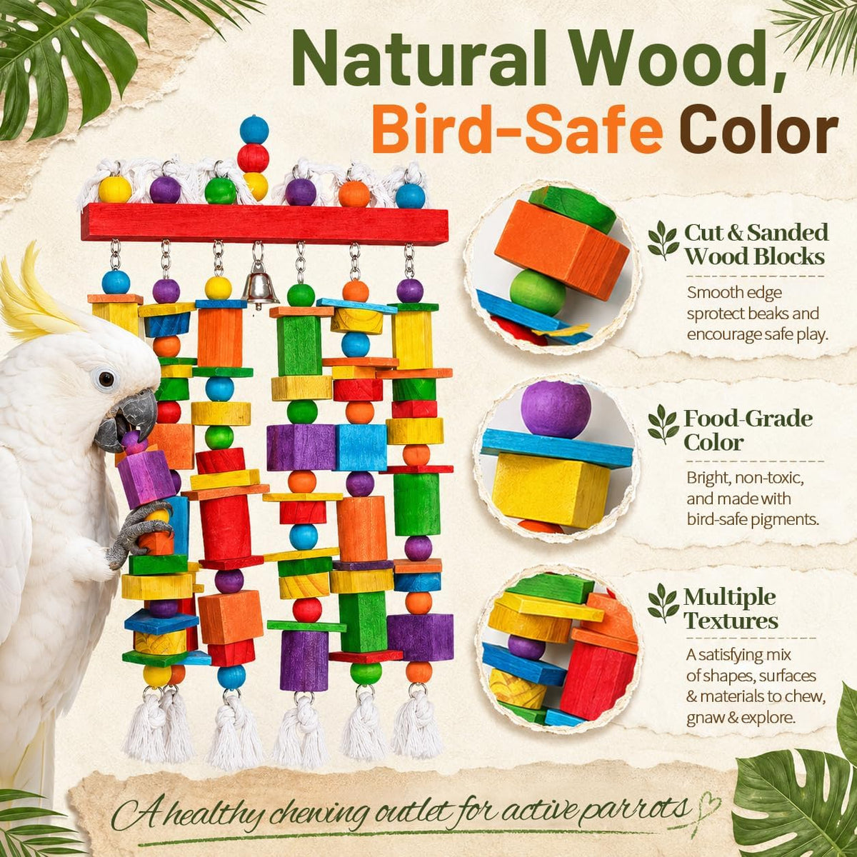 Zephyriel heavy duty parrot chewing toy with colorful natural wood blocks