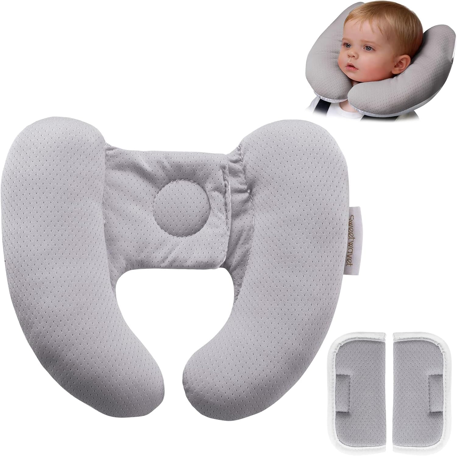Sweetwavet baby neck pillow front view in gray fabric showcasing the adjustable banana shape design