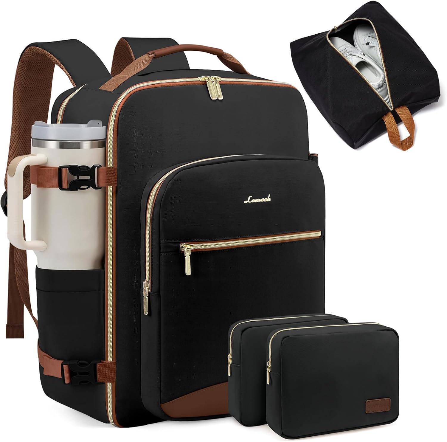 LOVEVOOK 40L Large Travel Backpack front view in black-brown colorway