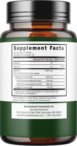 Dorado Nutrition Algae Oil supplement bottle showing DHA and EPA content