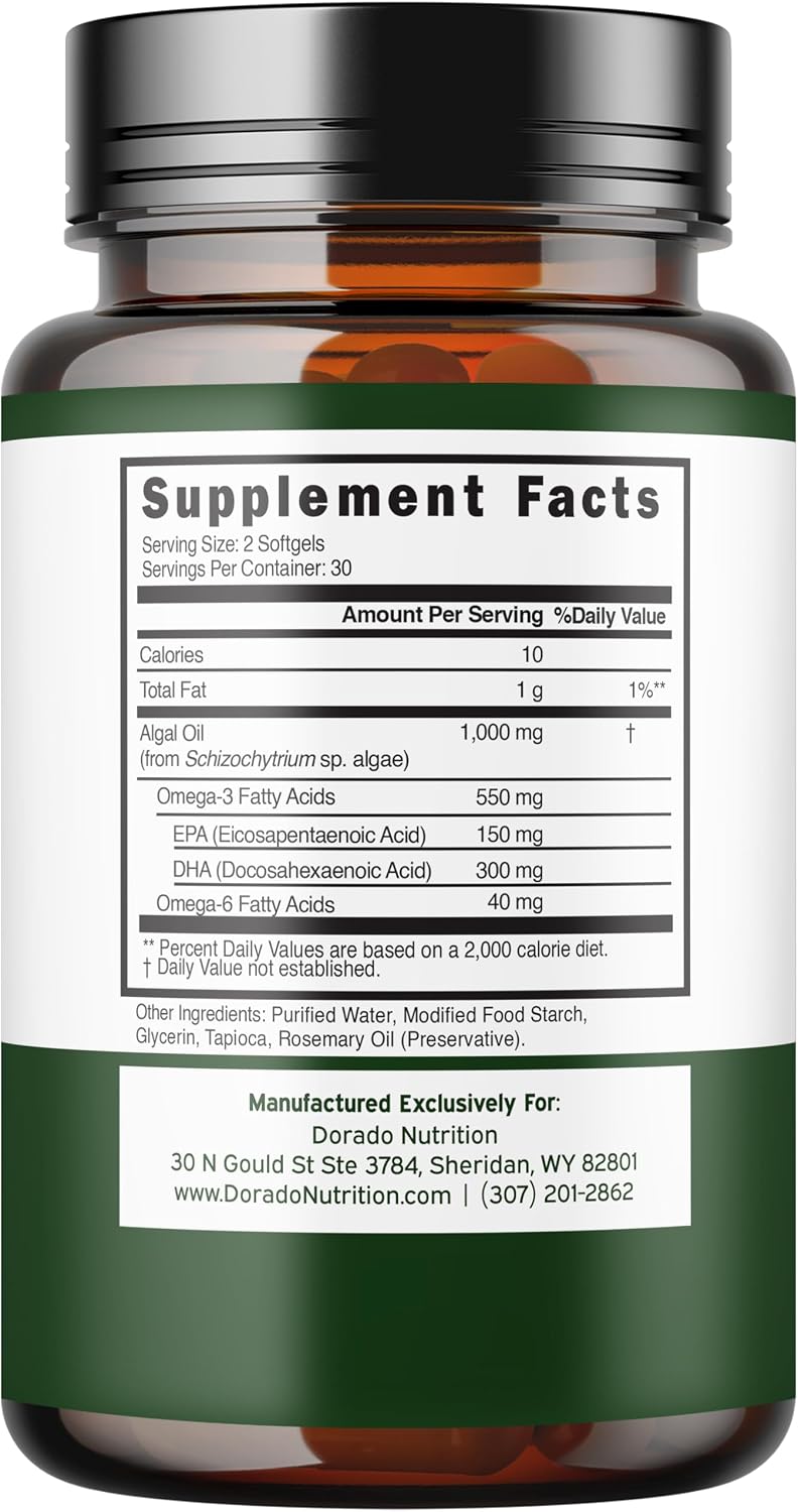 Dorado Nutrition Algae Oil supplement bottle showing DHA and EPA content