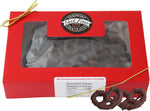 Side profile of 10 ounce nut-free chocolate pretzel gift box