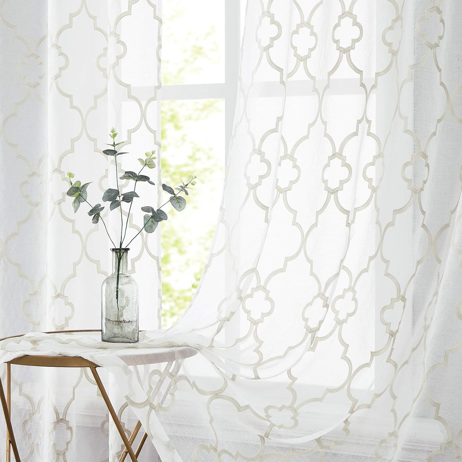 Urban Lotus Moroccan geometric sheer curtains front view highlighting ivory beige lattice embroidery on white linen textured fabric.