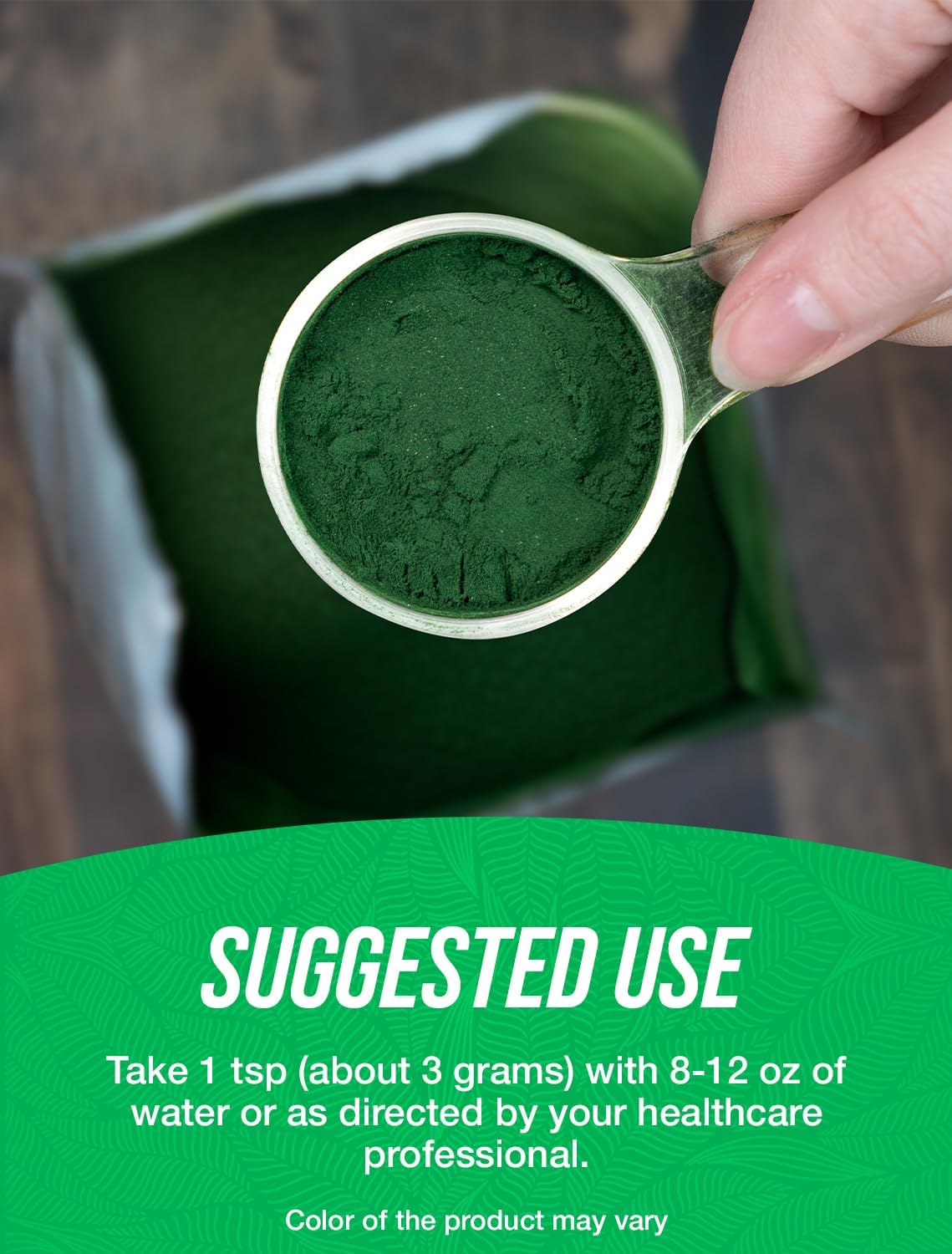 Back label of BulkSupplements chlorella packaging displaying organic ingredients and serving directions.