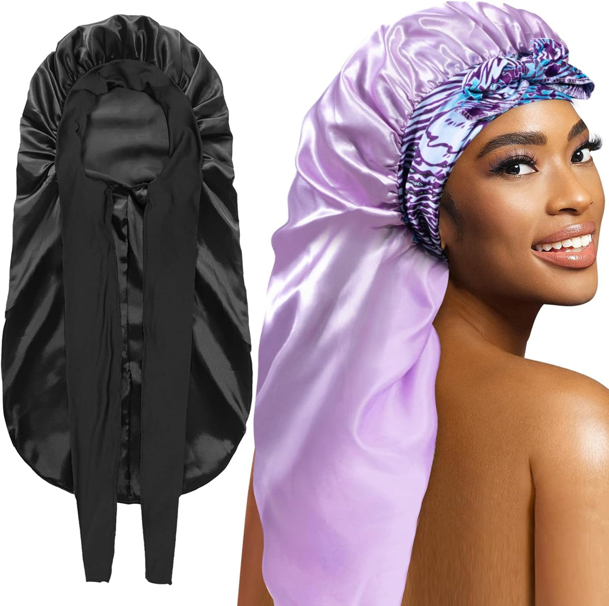 2Pcs Bonnets for Black Women Braid Bonnet, Large Long Satin Bonnet for Braids, Silk Bonnet with Stretchy Tie Band Sleep Cap Hair (2Pcs-Black&Blue) - Image 11