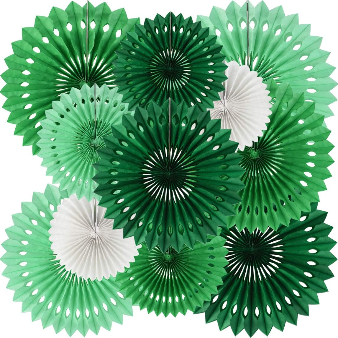 BEISHIDA Green White Party Decoration Hanging Honeycomb Paper Fans kit front view showing multi-sized round background setup.
