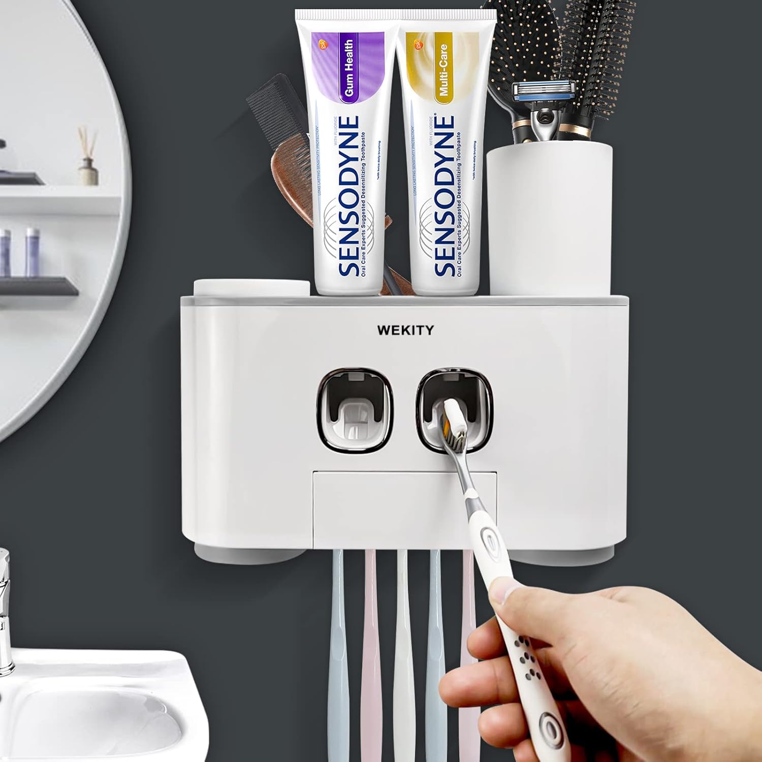 Wekity multifunctional wall mounted toothbrush holder front view showing grey finish and magnetic cups