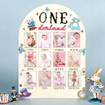 HarpandTimbrel Wonderland My First Year Photo Board front view featuring twelve months milestone slots for baby birthday decorations.