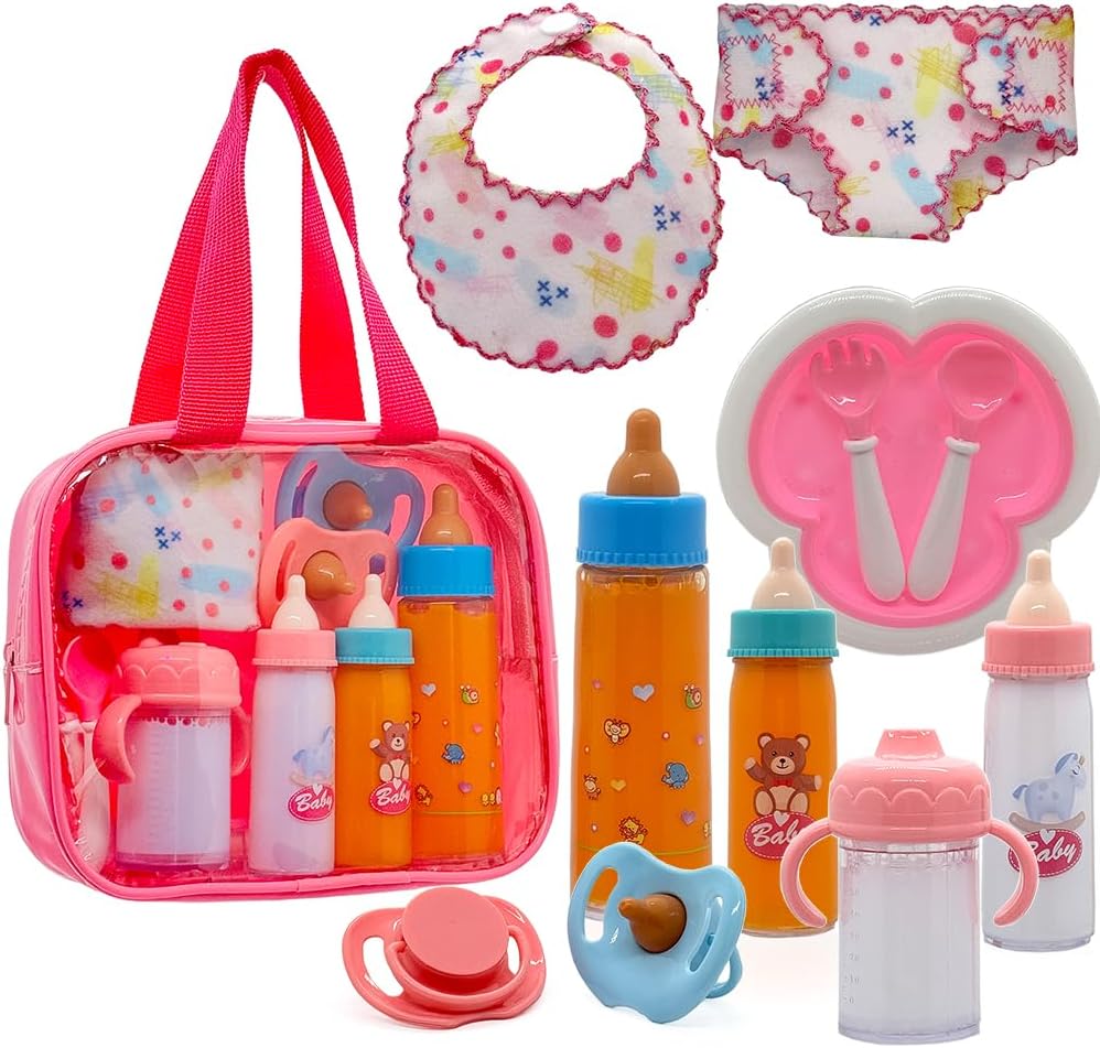 Linkyloop baby doll accessories magic bottle set front view showcasing eleven premium pretend play feeding toys.