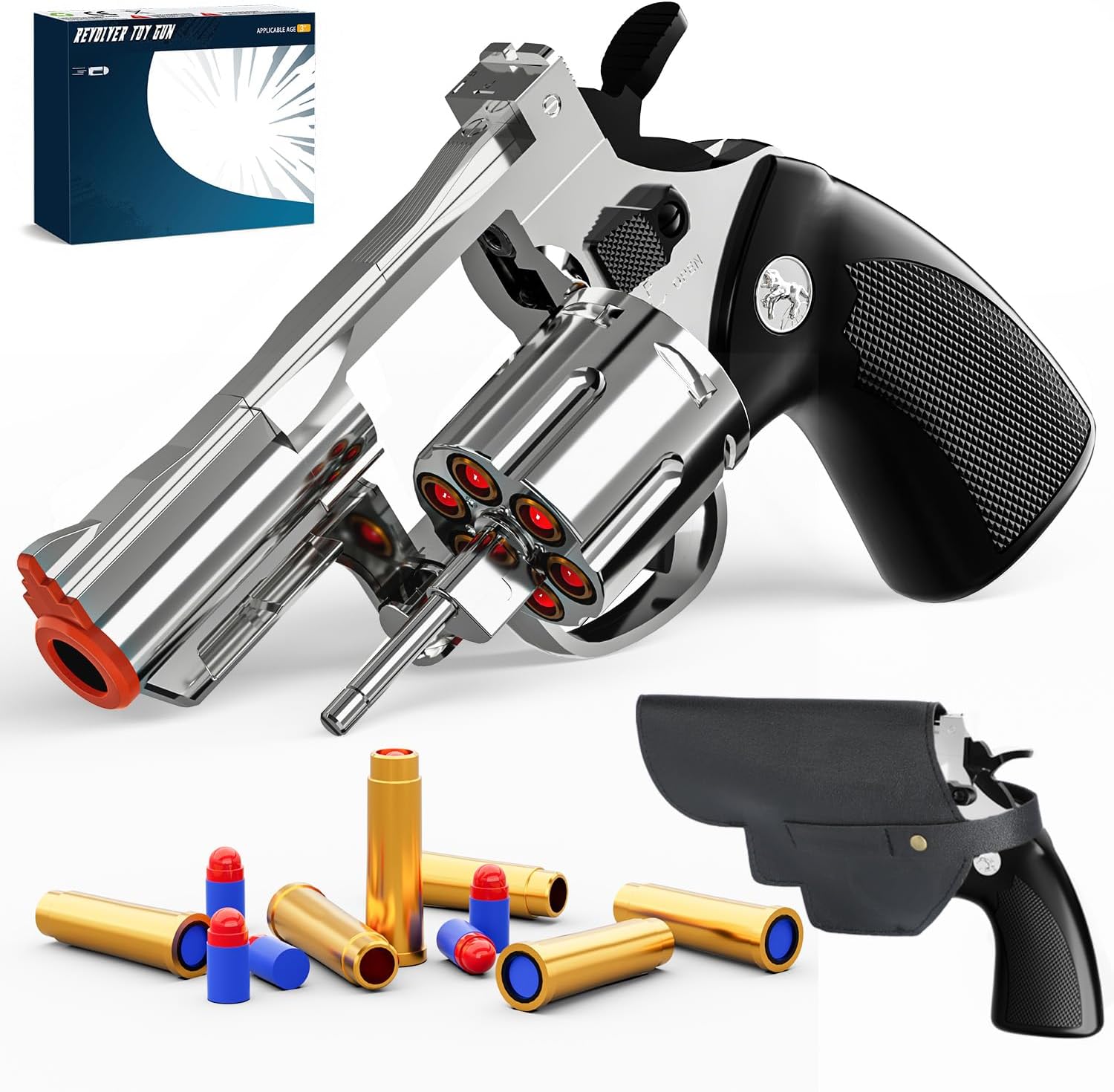 Monochildoing revolver toy gun with holster silver front view showcasing realistic cowboy blaster design