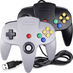 Miadore classic Nintendo 64 USB wired controller two pack front view in black and gray