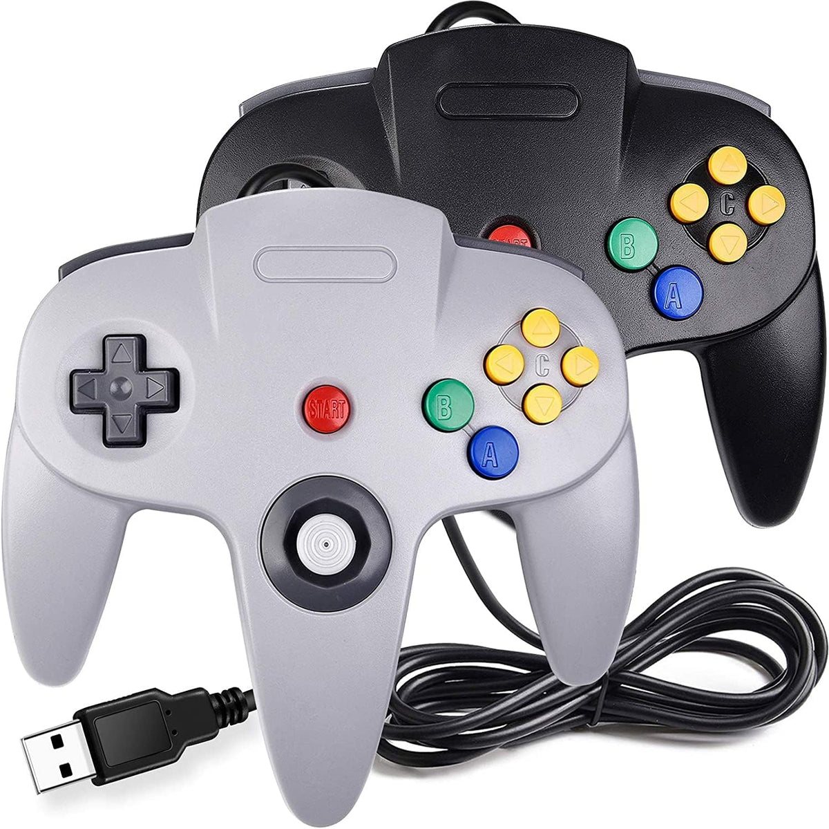 Miadore classic Nintendo 64 USB wired controller two pack front view in black and gray