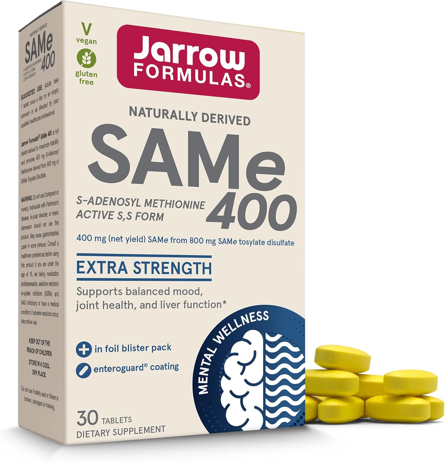 Jarrow Formulas SAMe 400 mg 30 Tablets front view showing packaging details