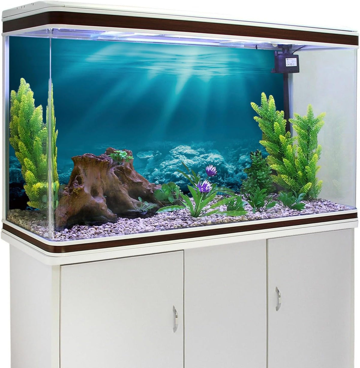 Premium non glare fish tank background poster being prepared for exterior tape installation.