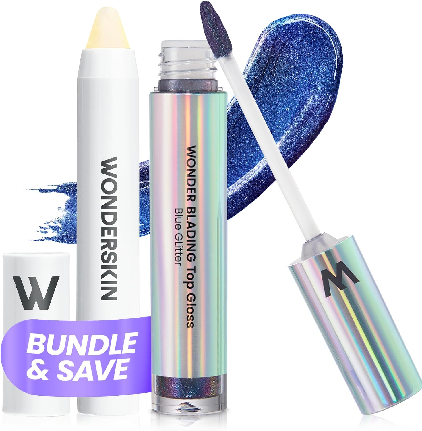 Wonderskin Top Gloss Blue Glitter and Lip Scrub Set front view packaging for smooth lips