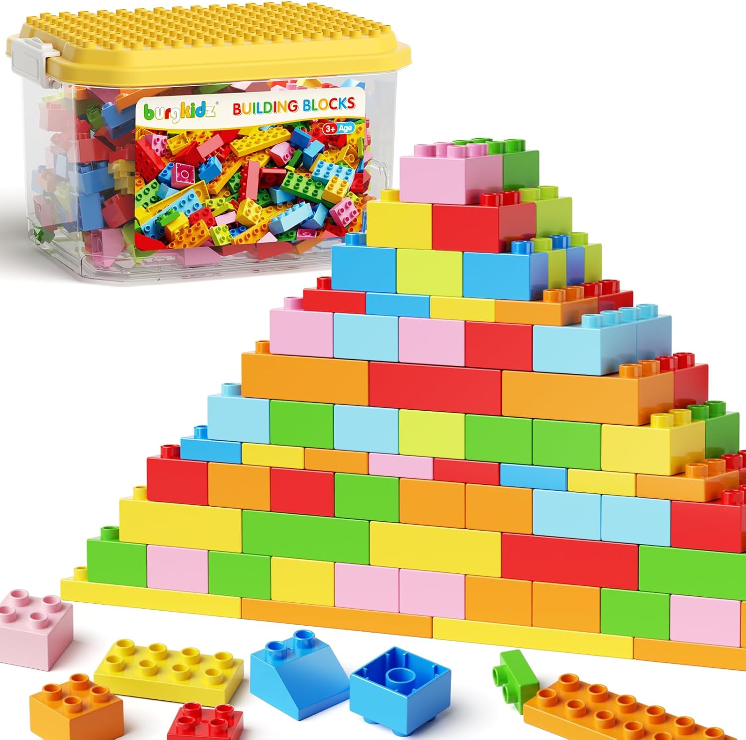 Burgkidz 150 pieces jumbo building blocks front view with clear storage box