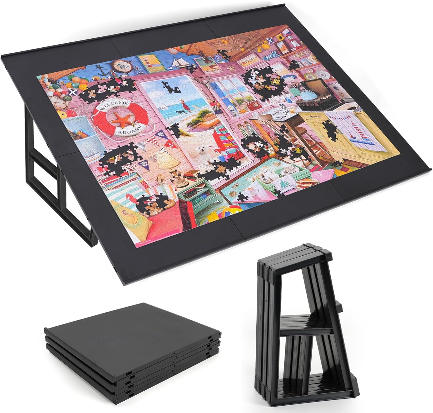 WELGEE tilting puzzle board front view showing modular panels assembled with stand