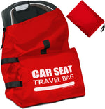 Imbsinvncy car seat travel bag for airplane front view showing bright red fabric and heavy duty handles.