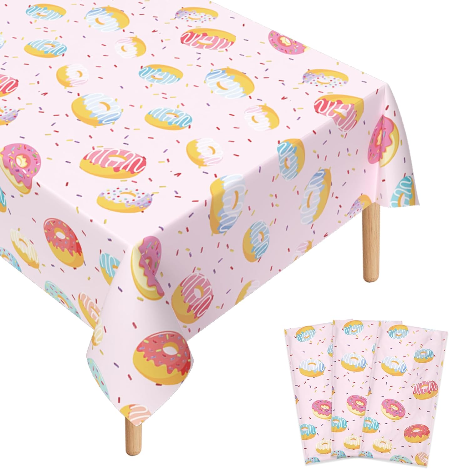 Lianxuia donut plastic tablecloth three piece set laid out flat showing full print layout