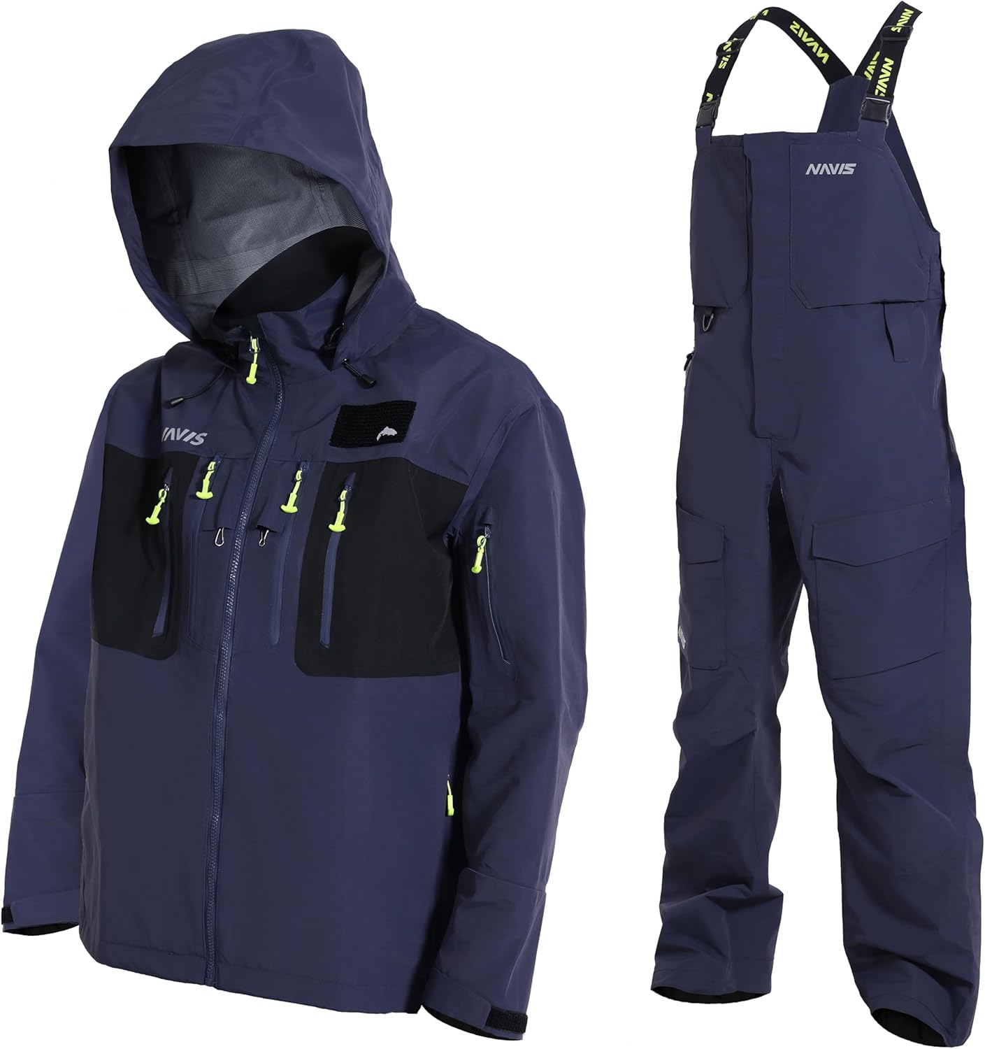 Navis Marine Men Waterproof Fishing Jacket and Bib Pants Set front view showing the heavy-duty coastal rain suit.