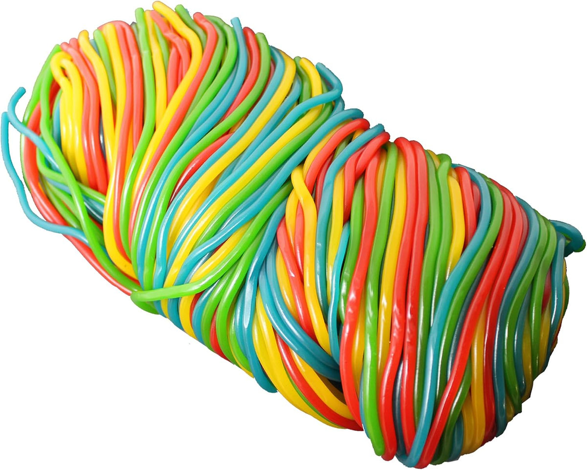 Imported Halal certified rainbow candy string closeup view