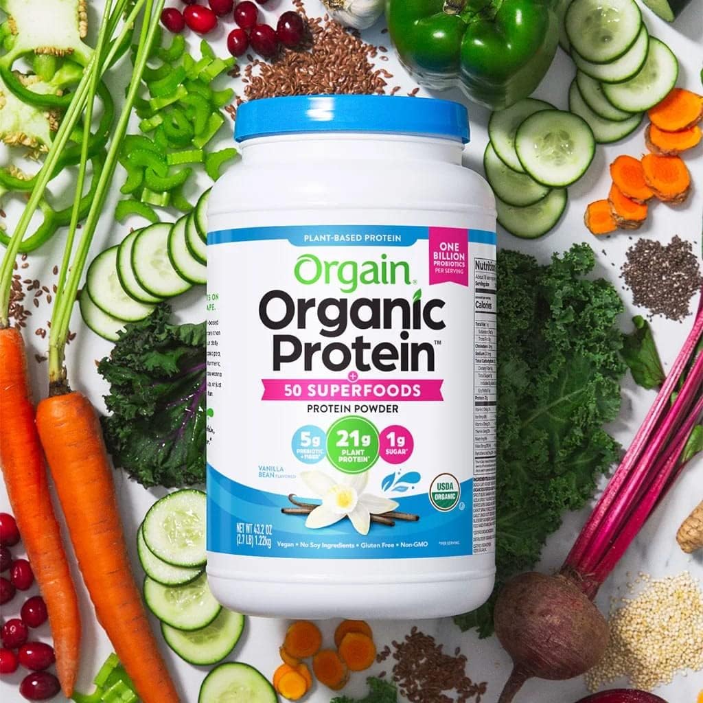 Orgain vegan protein powder nutritional facts panel showcasing twenty-one grams of protein
