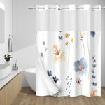 WITHLOC no hook shower curtain set front view featuring watercolor floral print in blue and beige
