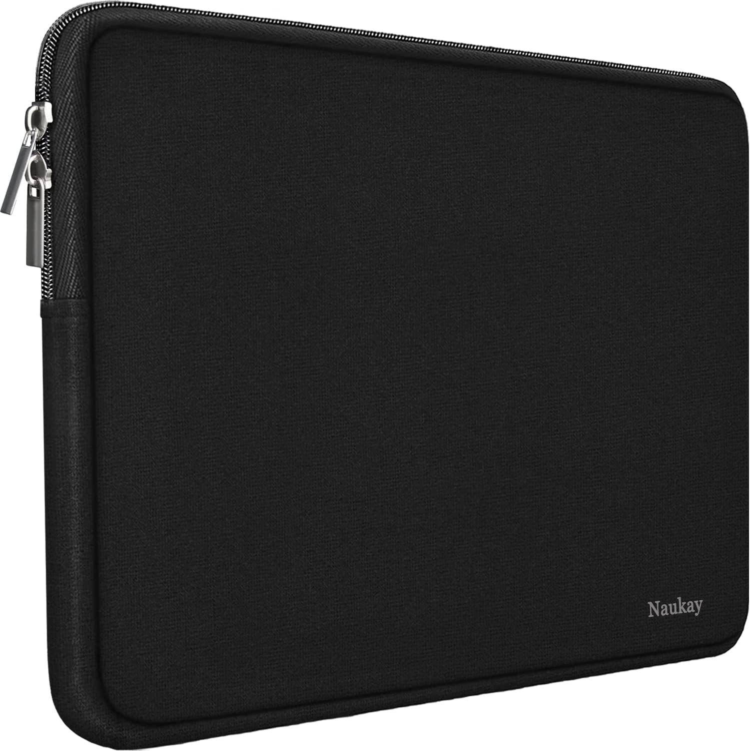 Naukay Laptop Sleeve Case 15.6 Inch front view showcasing the sleek black minimalist design and corner logo placement.