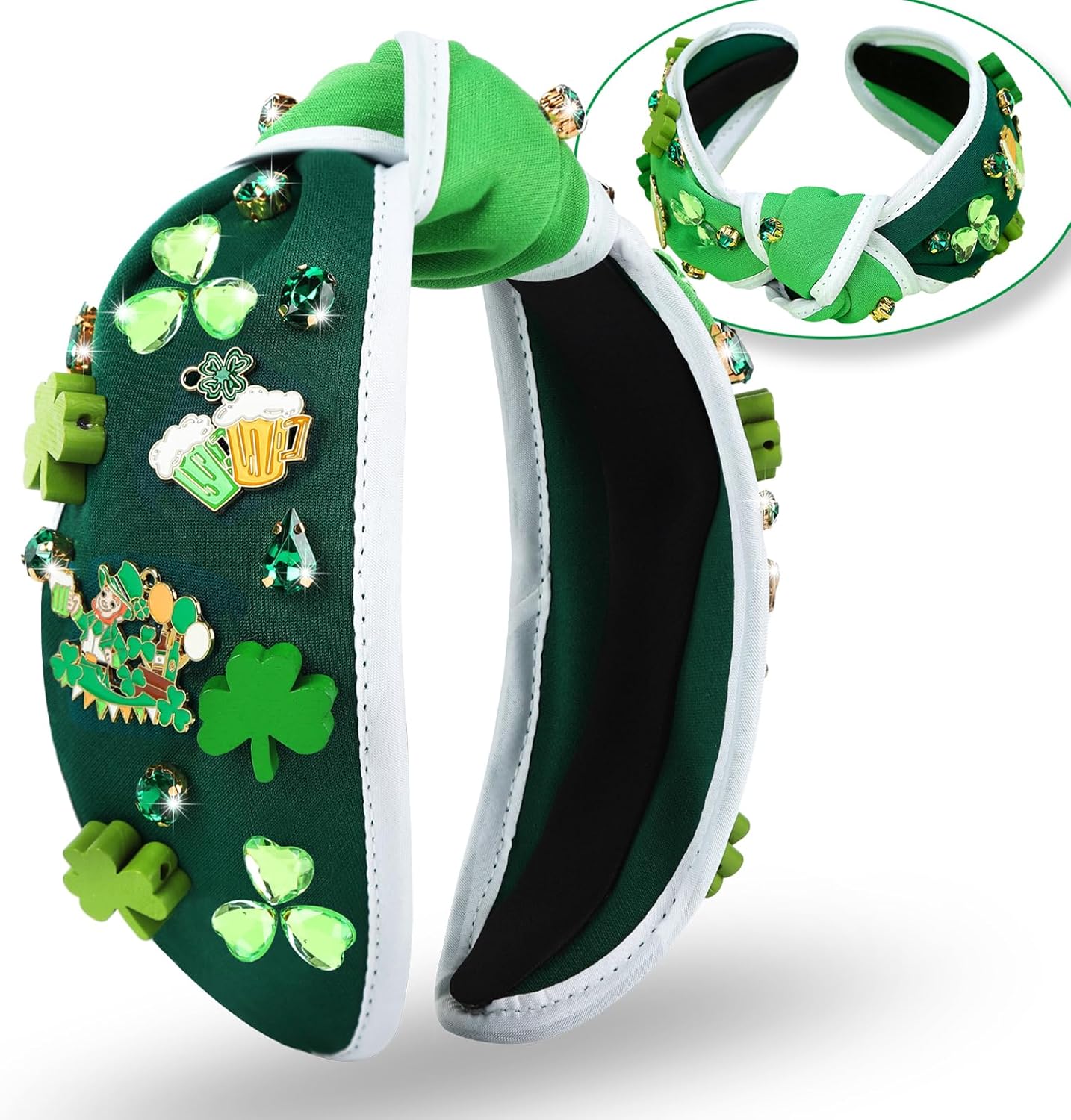 BEFIVECOK St Patrick's Day headband front view featuring sparkling rhinestones and green shamrock charms.