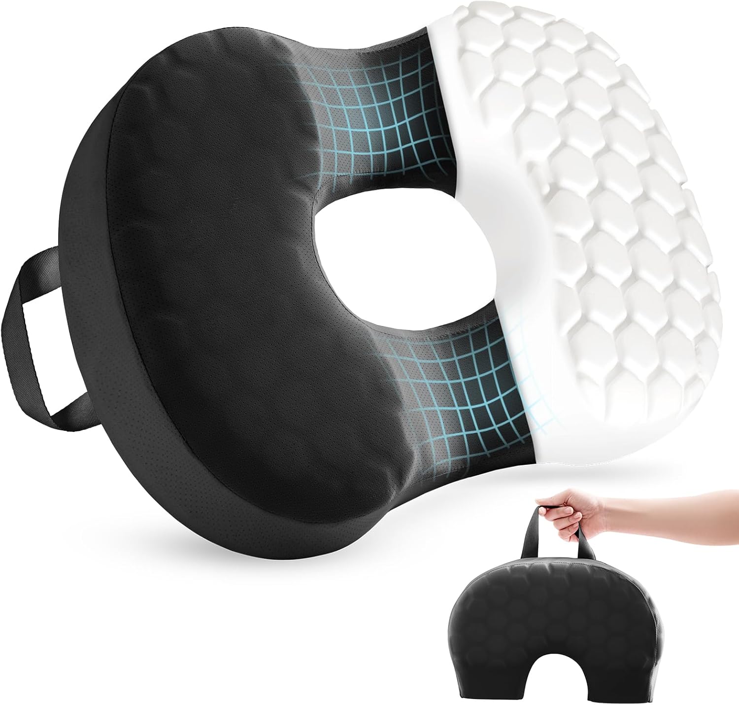 Sino Salected portable donut pillow front view showing black ergonomic memory foam ring design.