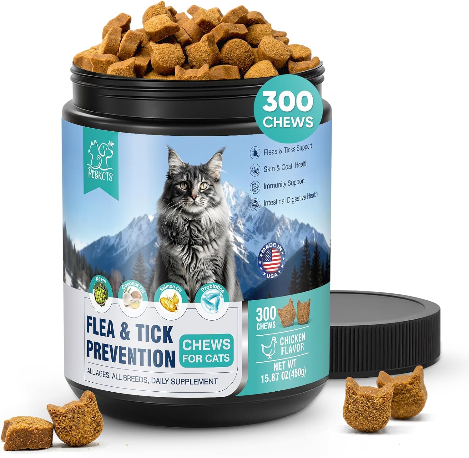 Plbkcts natural flea and tick chews for cats front view
