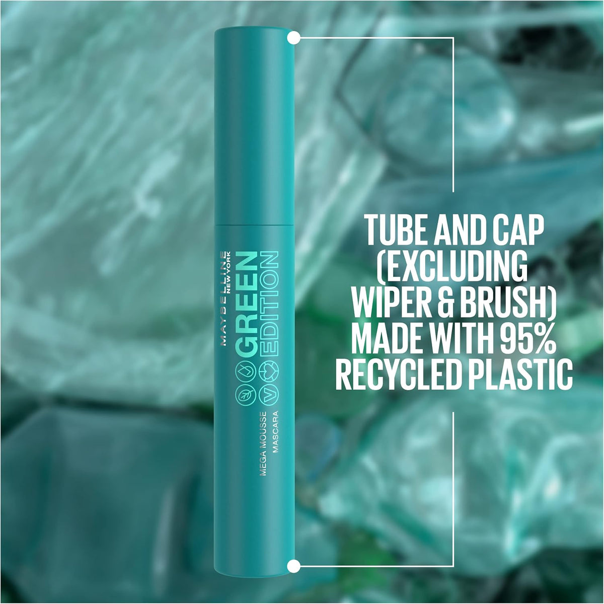 Side view of Maybelline Green Edition Mega Mousse Mascara bottle