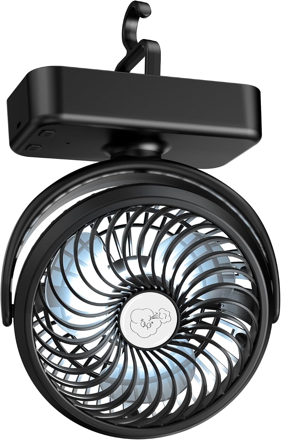 Reenuo portable camping fan front view with LED light and hanging hook