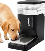 ZOMISIA automatic dog water dispenser 8L front view showing black gravity tank and stainless steel bowl