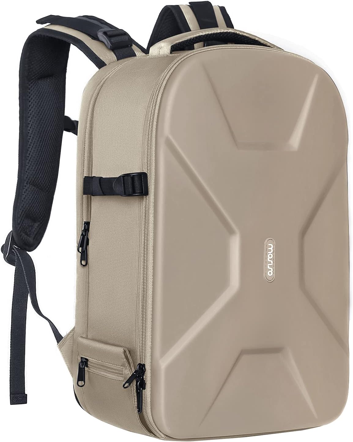 MOSISO camera backpack front view showing camel hardshell exterior
