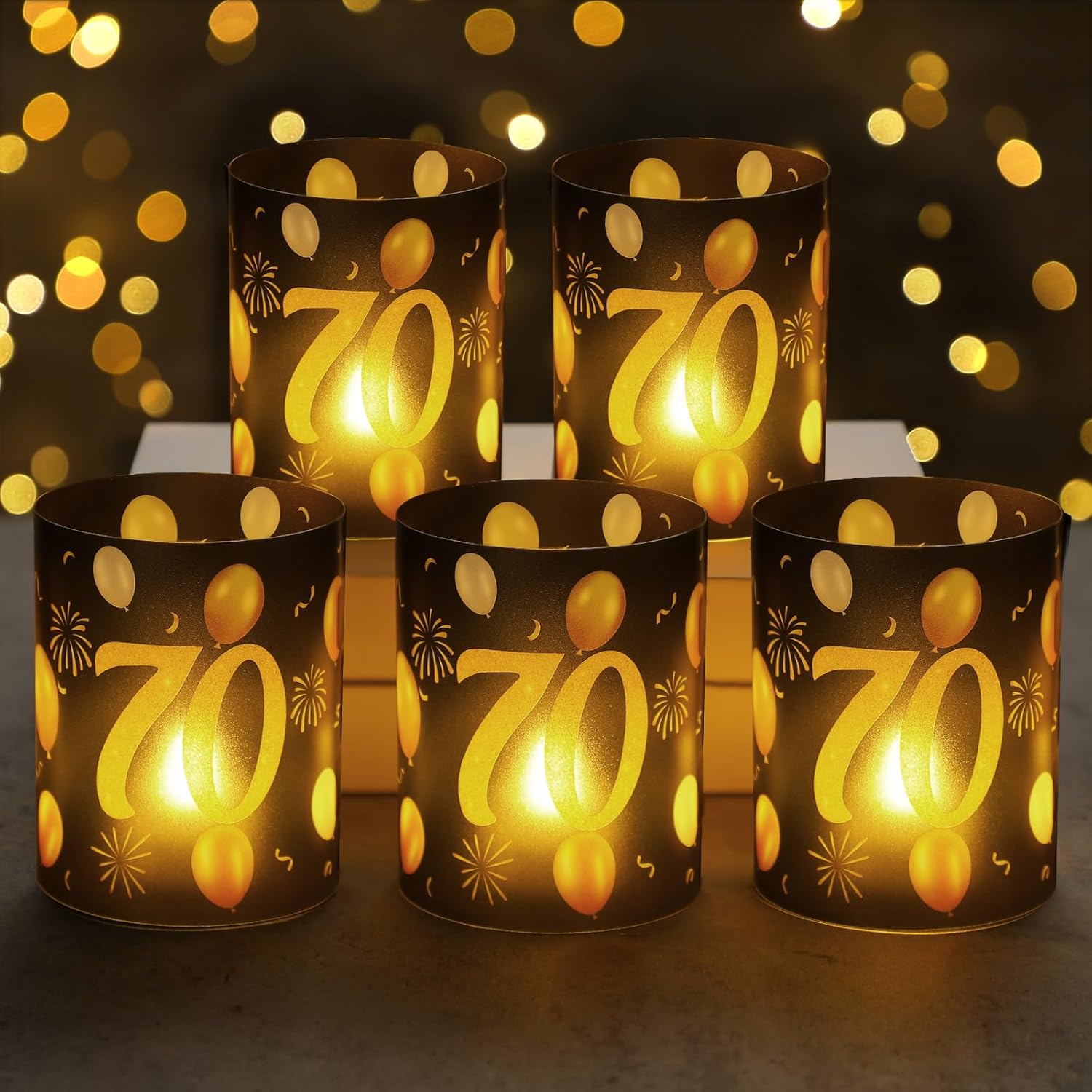 Kittmip 70th happy birthday centerpieces front view displaying glowing black and gold lantern boxes