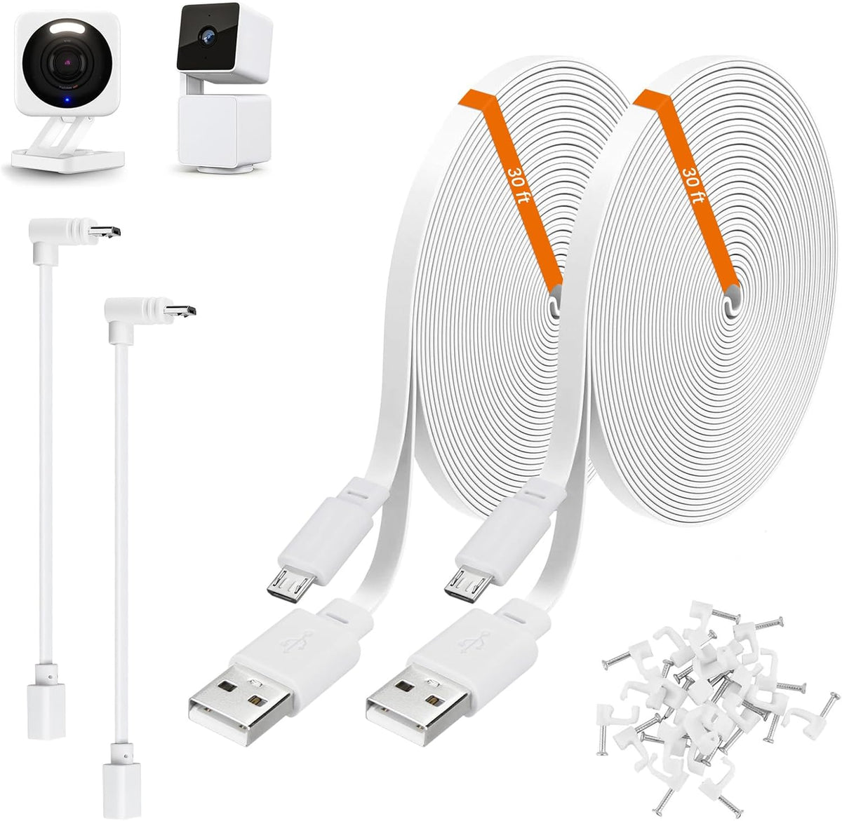 Weishan 30 feet power extension cable pack front view showing white flat cords and adapter plugs.