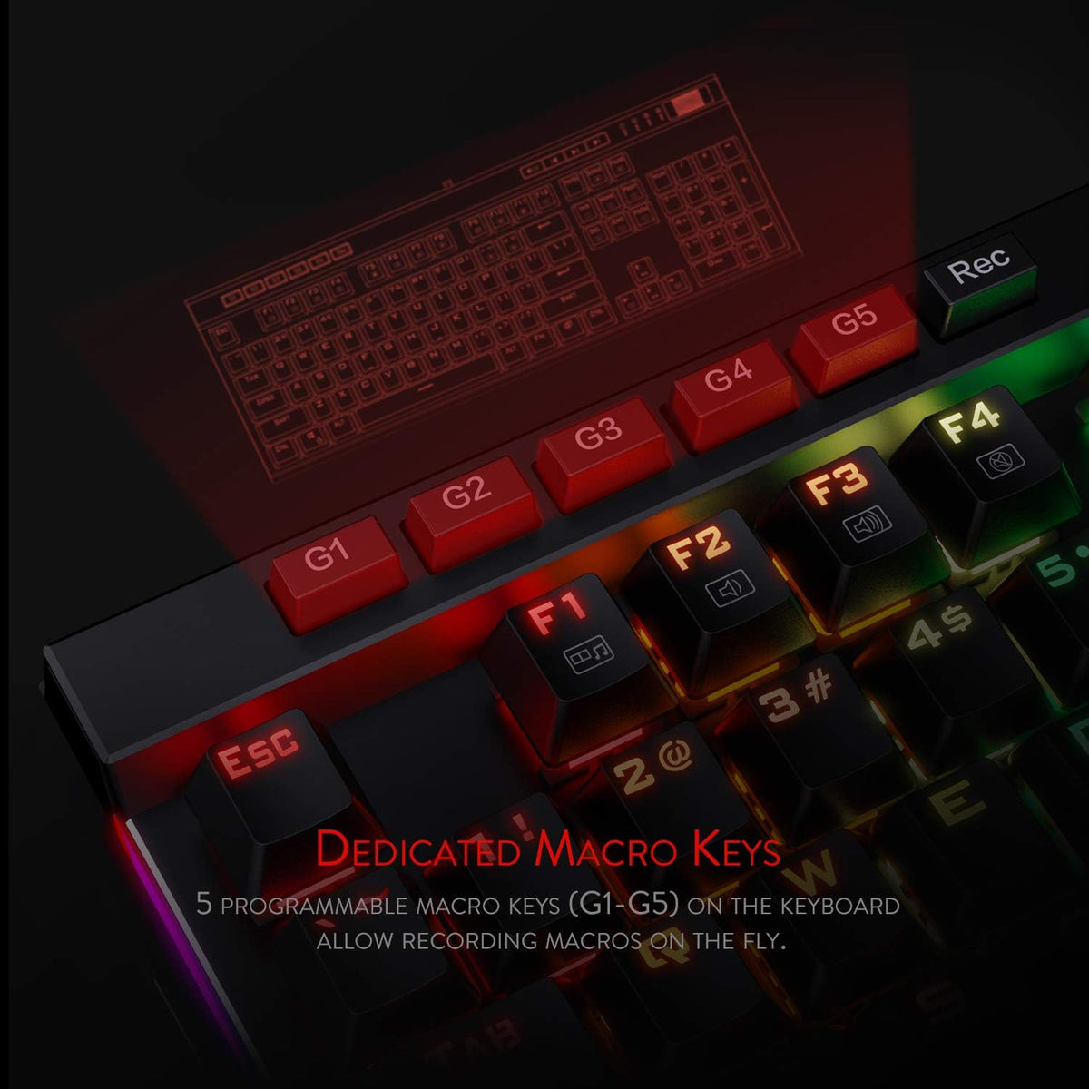 Redragon K580 mechanical keyboard close up of media roller and buttons