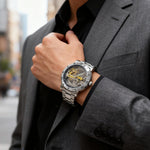 Gute skeleton watch transparent dial close up