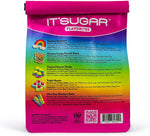 Assorted colorful sweet gummies spilled out next to the IT'SUGAR unicorn candy package.