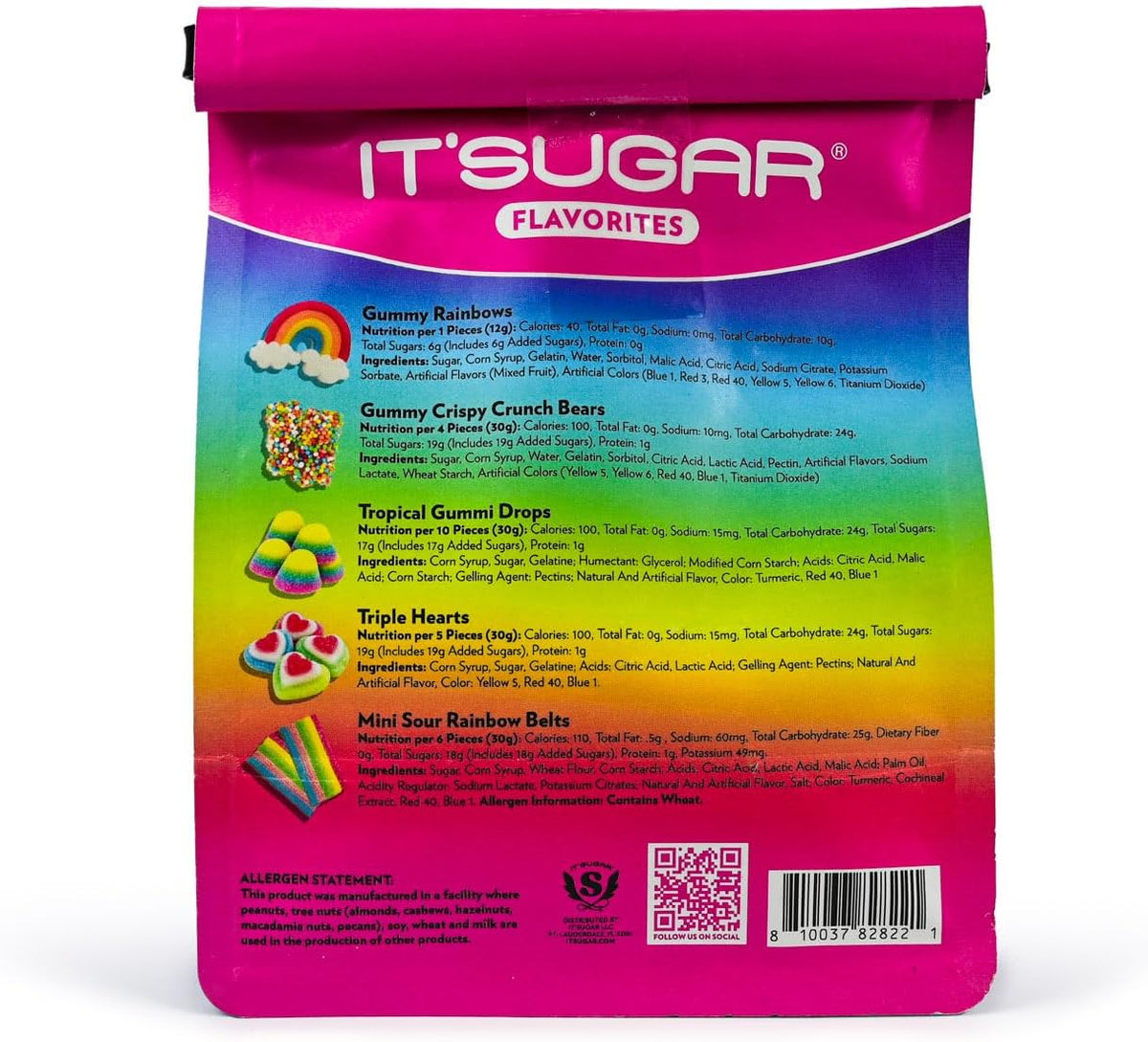 Assorted colorful sweet gummies spilled out next to the IT'SUGAR unicorn candy package.
